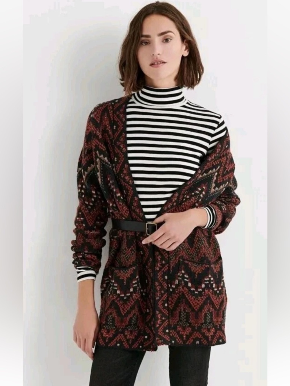 Lucky Brand Black & Burgundy Patterned Open-Front Cardigan
